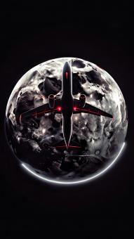 A Futuristic Jetliner Soars Past a Gloomy Moon in a Cosmic Voyage	A Fu