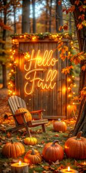 Cozy Autumn Evening Decorated Wooden Doorway with Pumpkins and Lights	