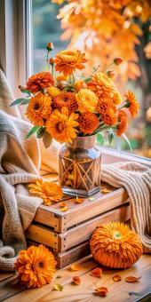 Cozy Autumn Flowers Displayed by a Window on a Wooden Crate	