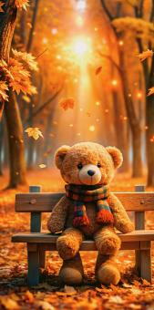 Cozy Teddy Bear Enjoys Autumn Park Scene with Falling Leaves	