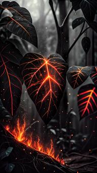 Glowing Embers on Dark Leaves in a Mystical Forest Setting	