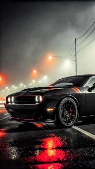 Powerful Black Sports Car Gleaming Under Moody City Lights Reflection	