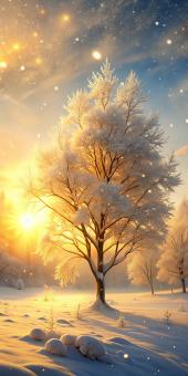 Enchanting Winter Tree Bathed in Golden Sunrise Light and Falling Snow
