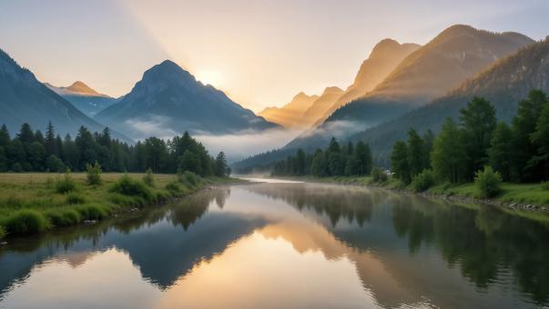 Misty Mountain River at Sunrise with Golden Light Reflections